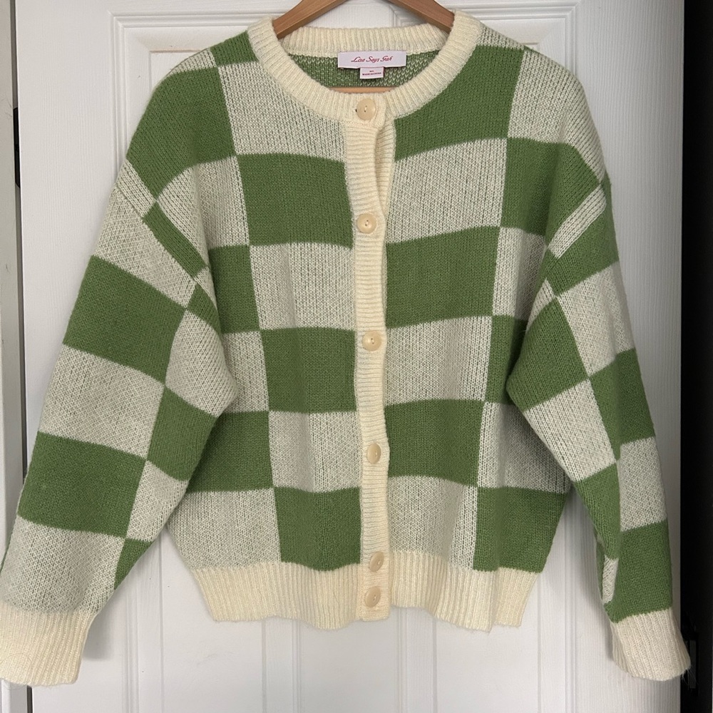 Lisa Says Gah Green and Cream Checkered Cardigan